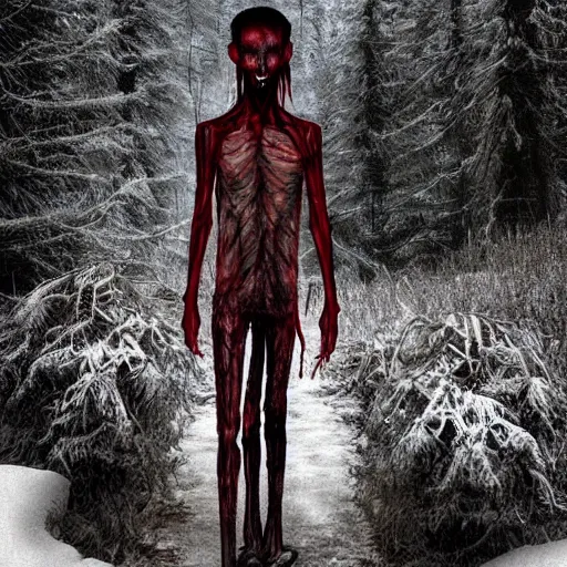 Image similar to horrifying digital art of a blood soaked skinwalker, lanky, skinny, pale skin, snow, forest, dark, horrifying