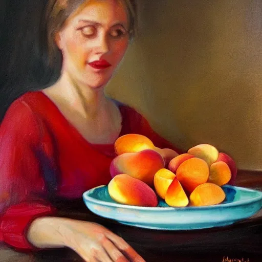 Image similar to beautiful woman in the background, table and plate of peaches in the foreground, natural light, oil painting style,