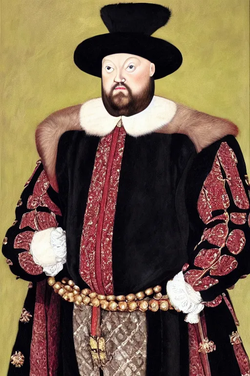 Prompt: huw edwards, portrait, dressed as henry viii, historical, oil painting, photorealistic