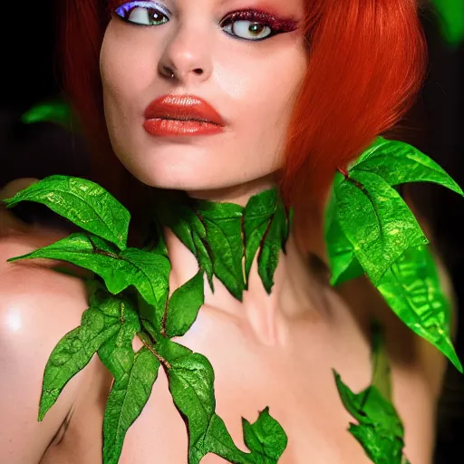 Image similar to A beautiful portrait of alicja tubilewicz smiling as Poison Ivy from Batman as a Versace fashion model Spring/Summer 2010, highly detailed, in the style of cinematic, Getty images, Milan fashion week backstage, Extreme close up, Makeup by Pat McGrath, Hair by Guido Palau, Greg rutkowski