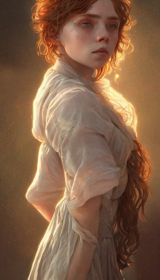 Image similar to Sophia Lillis, long hair, sweaty, insane, intricate, highly detailed, digital painting, artstation, concept art, smooth, sharp focus, illustration, Unreal Engine 5, 8K, art by artgerm and greg rutkowski and alphonse mucha