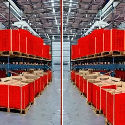 Image similar to two frames of equal size, the first a warehouse full of boxes, the second is exactly the same picture except the boxes are red