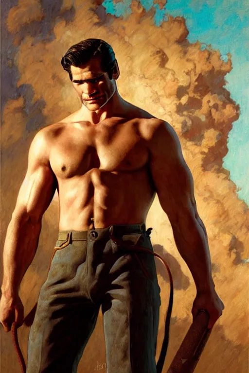 Prompt: henry caville as a muscular firefighter, tom of finland, gaston bussiere, craig mullins, j. c. leyendecker