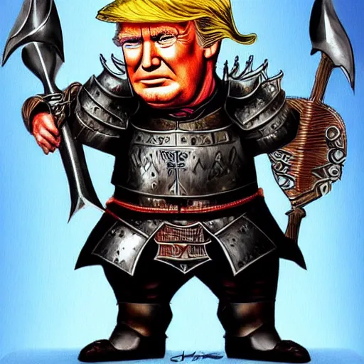 Image similar to donald trump wearing knights armor, holding one broadsword, by hans holdein, donald trumps highly detailed handsome face, two arms, two legs