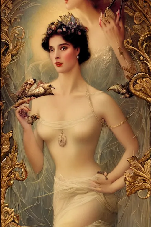 Image similar to A young and extremely beautiful Grace Kelly explaining the birds and the bees by Tom Bagshaw in the style of a modern Gaston Bussière, art nouveau, art deco, surrealism. Extremely lush detail. Melancholic night scene. Perfect composition and lighting. Profoundly surreal. High-contrast lush surrealistic photorealism. Sultry and mischievous expression on her face.