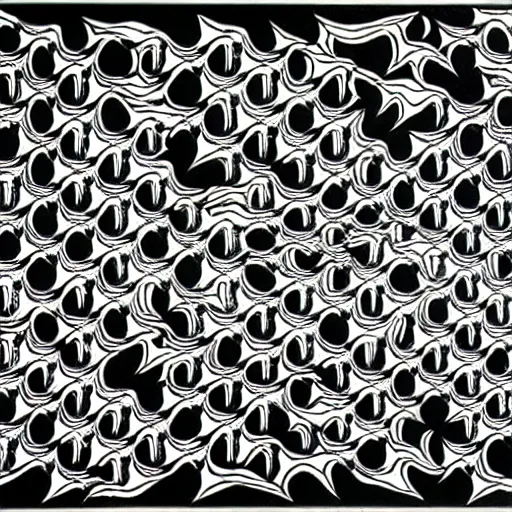 Image similar to white wolves transitioning into black geese by mc escher, aerial view, scared black geese flying, angry white wolves with teeth, hexagonal pattern, intricate details, ink shading, ink dots, mathematical interlocking, screen print, frameless