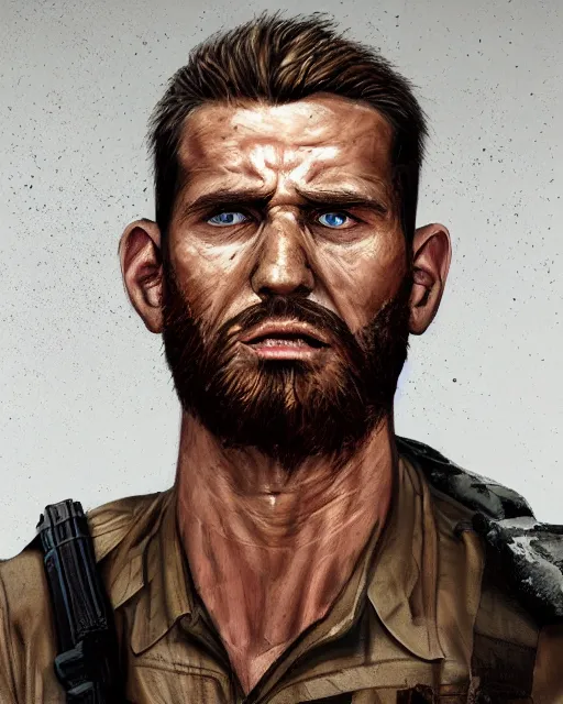 Prompt: portrait of muscular, tired and alcoholic 3 0 - year - old handsome man with short darkblonde hair, serious sad look in his eyes, dirty beard, blue eyes, crying tears, wearing dirty soldier uniform, on the desert, hyper realistic face, beautiful eyes, character art, art by mark brooks, hyperdetailed, cryengine, trending on artstation, digital art