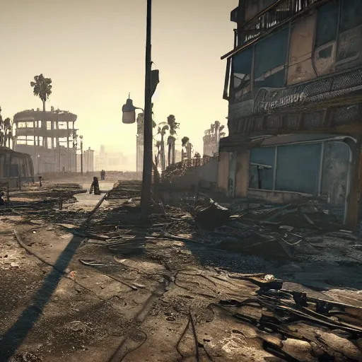 Image similar to Venice Beach in ruins post-nuclear war in Fallout 4, in game screenshot