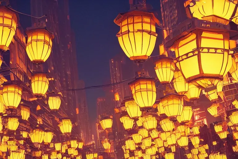 Prompt: a beautiful city full of glowing lanterns at night, by temmie chang, digital art, trending on artstation, rule of thirds, detailed, cinematic