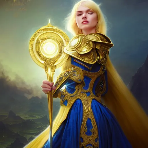 Prompt: of Alice Zuberg, young woman with blonde hair and bangs wearing a golden ornate paladin armor with a blue cloak, dark fantasy, medium shot, intricate, elegant, highly detailed, digital painting, volumetric light, artstation, concept art, smooth, sharp focus, illustration, art by Gil Elvgren and Greg Rutkowski and Alphonse Mucha