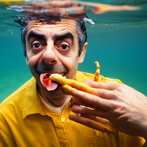 Image similar to An Alec Soth portrait photo of Mr. Bean eating a corndog while underwater