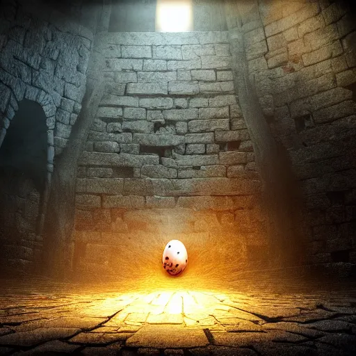 Image similar to holy egg on a pedistal in a dark dungeon. epic lighting, concept art, 8 k, paid artwork, intricate