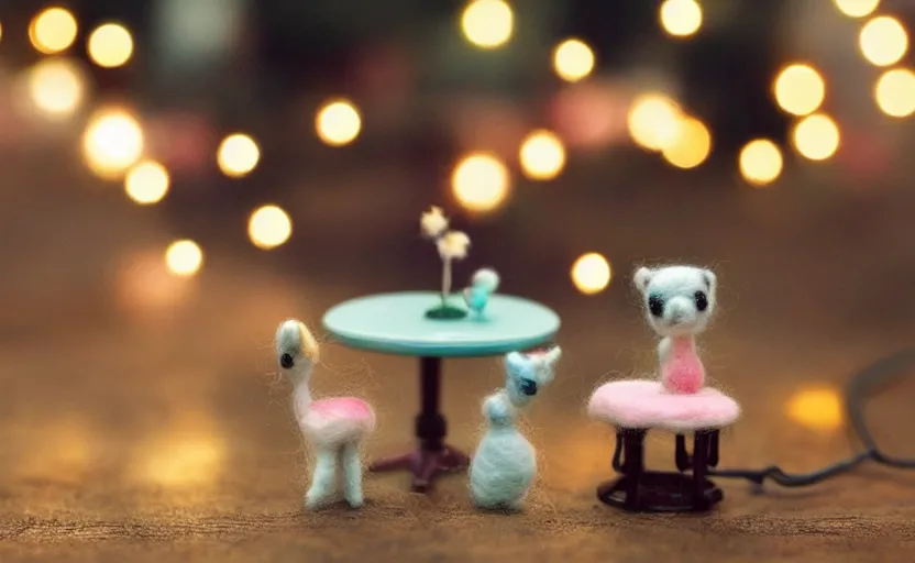 Image similar to mini cafe diorama macro photography, needle felted animals, ambient, atmospheric photograph, string lights, romantic