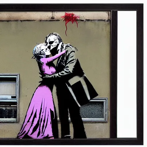 Image similar to banksy as joker and harley queen kissing, realistic content, detail content, paper border, 5 color