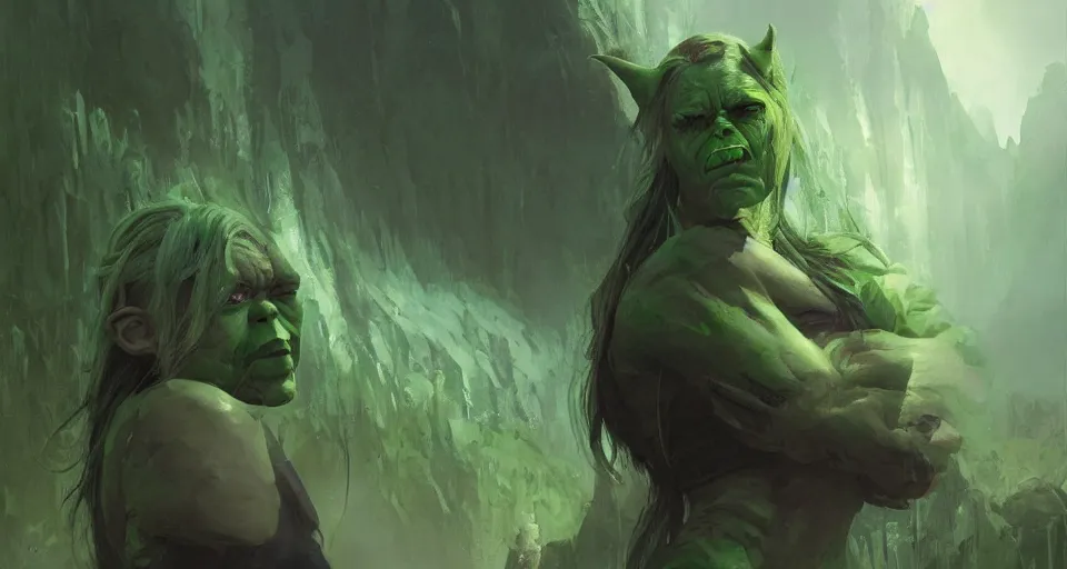 Prompt: green orc female, light green tone beautiful face beside a mountain, by jeremy mann, by greg rutkowski, by noah bradley, digital painting