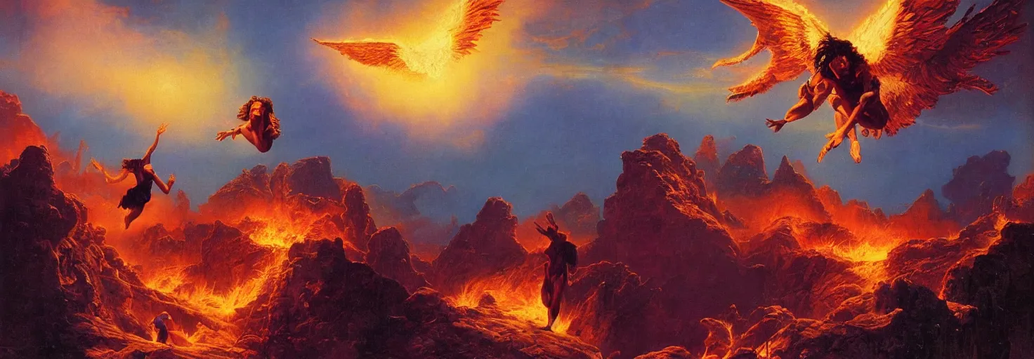 Image similar to an epic and awe-inspiring bruce pennington digital art landscape painting of Icarus crashing and burning while his father Daedalus looks on in disbelief