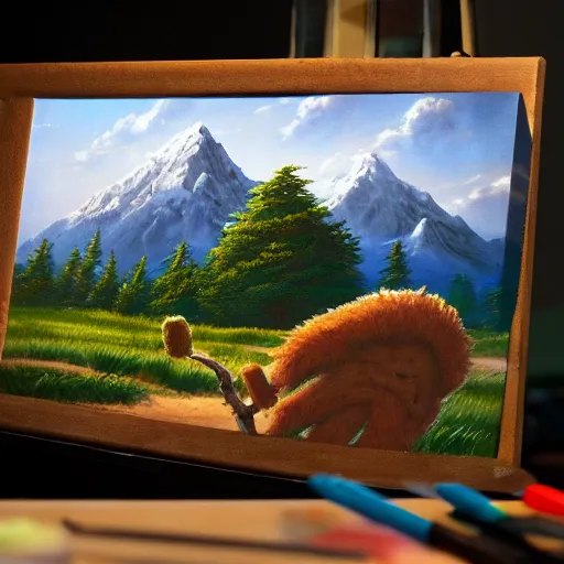 Image similar to a closeup photorealistic photograph of bob ross working on a canvas painting cookie monster. film still. brightly lit scene. mountains and trees. this 4 k hd image is trending on artstation, featured on behance, well - rendered, extra crisp, features intricate detail, epic composition and the style of unreal engine.