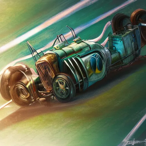 Image similar to Rusty transformer of a 1920 race car, autobots, transformer, soft green lighting, highly detailed, digital painting, artstation, concept art, smooth, sharp focus, illustration