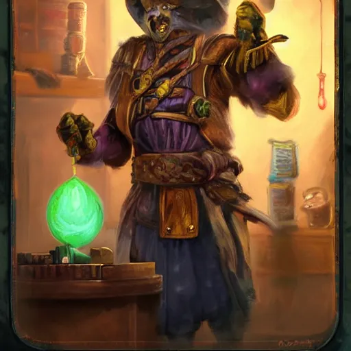 Image similar to Magic the gathering artwork of Anthropomorphized parrot trader in his shop, shelves full, selling a gem, portrait, items, magic potions, carpet, window, fancy funny hat, sly expression , cunning expression, cute expression, presenting magic gem, D&D, fantasy, cinematic lighting, highly detailed, digital painting, artstation, concept art, smooth, sharp focus, illustration, warm light, cozy warm tint, magic the gathering artwork, volumetric lighting, 8k, no gold, no gold colours, art by Akihiko Yoshida and Greg Rutkowski