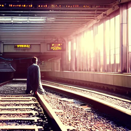 Prompt: photo of cyborg waiting for a train, 1970, soft light, morning light, photorealistic, realistic, octane, 8k, cinematic shot