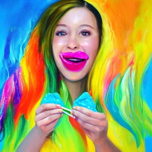 Image similar to An adorable happy woman chews on a candy as a colorful liquid flows from her mouth. Detailed oil painting.