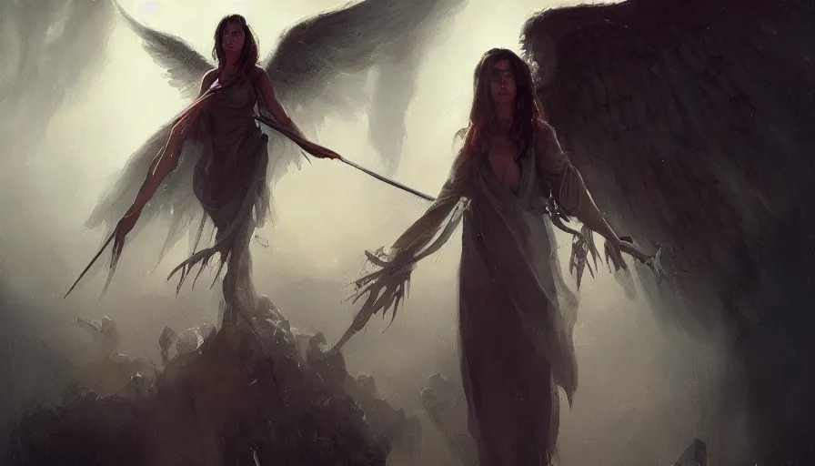 Prompt: A beautiful painting of Mia Sara as the angel of death by greg rutkowski and Kalin Popov , Trending on artstation HD.