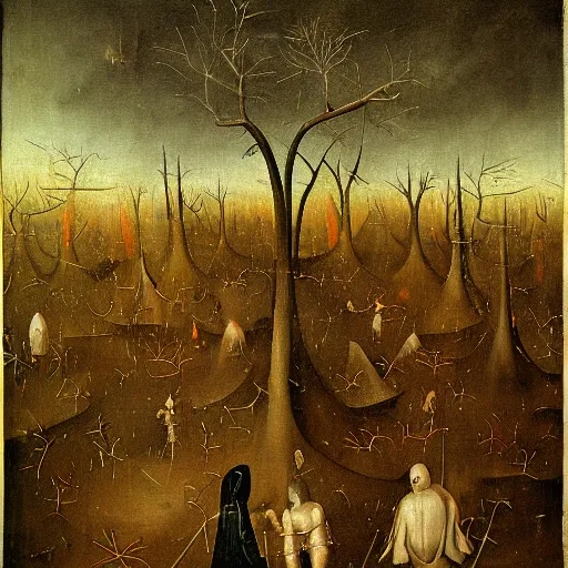 Prompt: a surreal painting by hieronymus bosch of a dark forest of tiny burning bonzai trees on fire, smoke in the sky, people standing around screening and running, ominous, oil on canvas