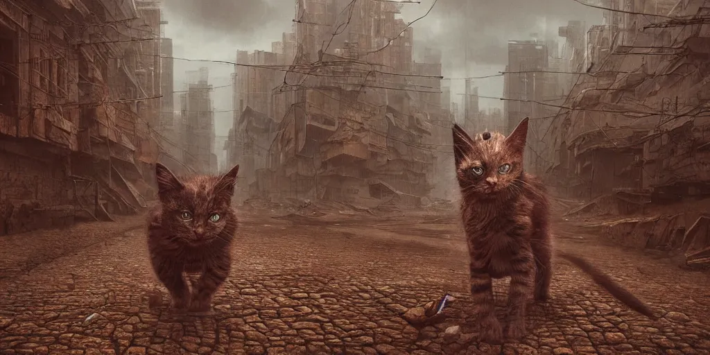 Image similar to cyberpunk demon kitten walking in a dystopian wasteland, Beksinski, MC Escher, very coherent symmetrical artwork. cinematic, hyper realism, high detail, octane render, 8k