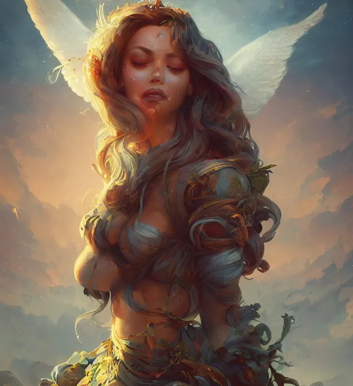 Image similar to centered waist up portrait photography an angel + bokeh + DOF + 8k, photorealistic + rendered in unreal engine + colors and composition by Peter Mohrbacher + line work by Dan Mumford , ultra realistic