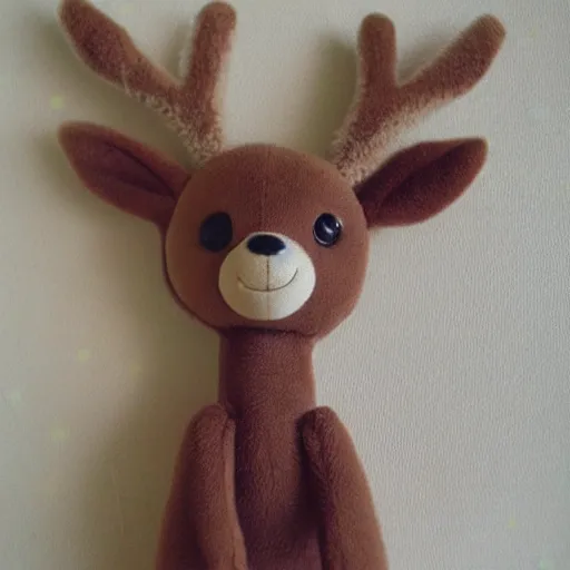 Image similar to portrait, realistic, cute, deer, plush doll, forest background