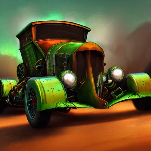 Image similar to Rusty transformer of a 1920 race car, autobots, transformer, soft green lighting, highly detailed, digital painting, artstation, concept art, smooth, sharp focus, illustration