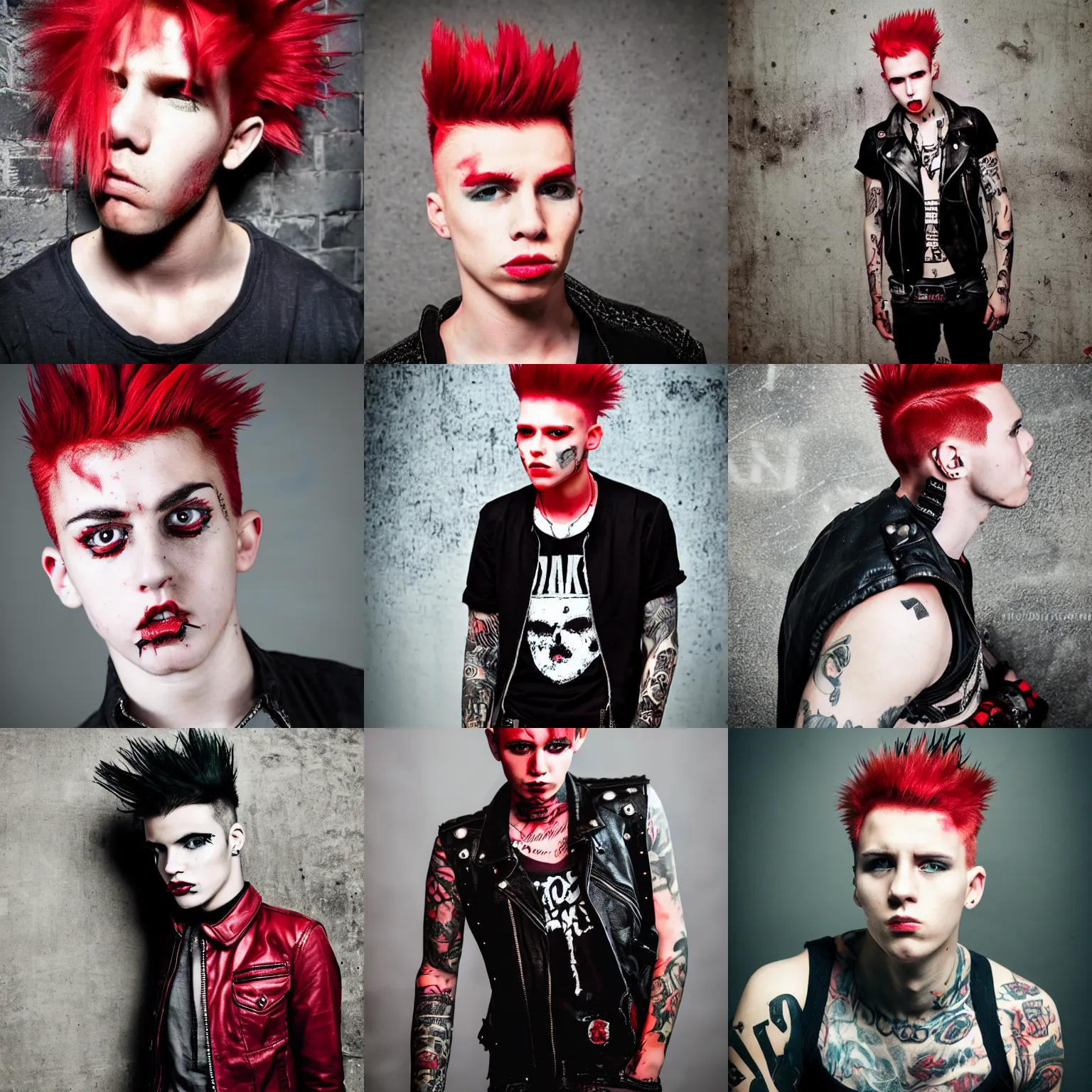 Prompt: young man with a short red dyed mohawk, red eyes and a slim face, dressed in punk clothing, punk style, portrait photo, attractive, handsome, in color,
