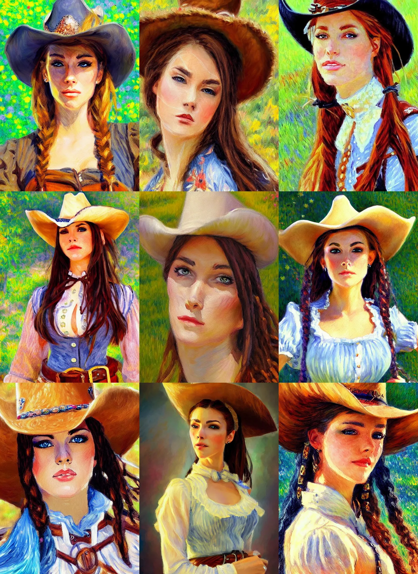 Prompt: impressionism painting of a d & d style cowgirl beautiful face and wearing full detailed clothing