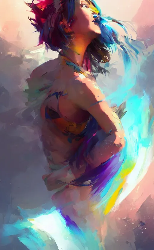 Image similar to a cute woman with rainbow hair dancing, cute tube-top long dress, In style of Yoji Shinkawa, wojtek fus, by Jordan Grimmer and greg rutkowski, concept art, highly detailed