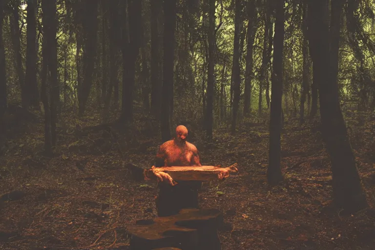 Image similar to terrible dark forest in the depths of which there is a large butcher chopping meat on a wooden stump from Dota 2 filmed hidden on a phone camera, Cinematic, wildlife photography, 35mm, photo on iphone