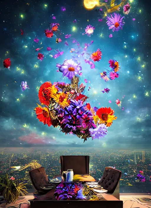 Image similar to An epic fantastic realism comic book style painting of the most beautiful spinning flowers launched across the dark and starry night sky, floating bouquets, fisheye, unreal 5, DAZ, hyperrealistic, octane render, dynamic lighting