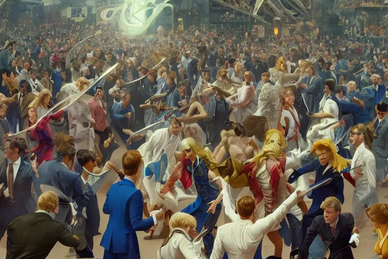 Image similar to a crowd throwing swords at a blond man in a blue suit, surrounded by a crowd, intricate, elegant, ultra realistic illustration, highly detailed, digital painting, artstation, concept art, smooth, sharp focus, illustration, art by artgerm and greg rutkowski and alphonse mucha