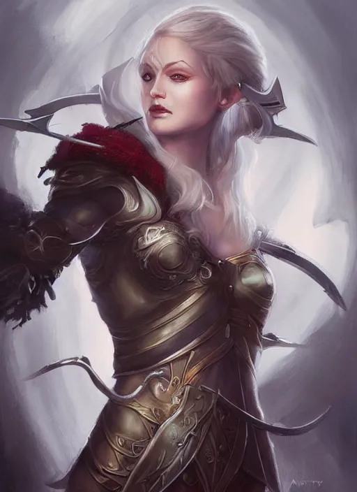 Image similar to female elf with two swords in her hands, painted by artgerm and tom bagshaw, fantasy art, dramatic lighting, highly detailed oil painting