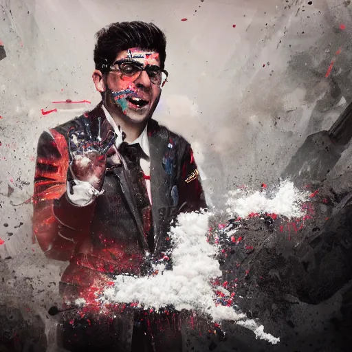 Prompt: tony khan wearing a headset, yelling furiously, piles of white powder everywhere, scolding, background filled with frightened people, intense, hyper detailed, artstation, flashing lights, hyper anger, intricate detail, concept art, 8 k