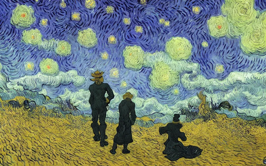 Image similar to the sandman from graphic novel, looking out over his domain of the dreaming, with a sense of nostalgia and longing by vincent van gogh and tyler edlin