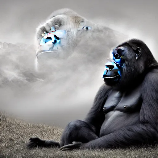 Image similar to a photo realistic gorilla doing transcendental meditation in a mystical landscape, beautiful, misty