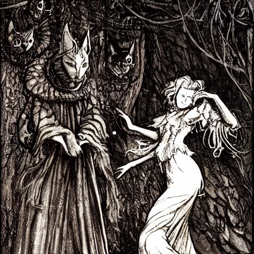 Image similar to cat from the void, illustrations by irish fairy tales james stephens arthur rackham, fairy tale illustrations, full colour, top cinematic lighting , cinematic mood, very detailed, shot in canon,