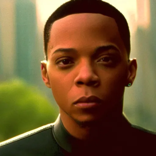 Image similar to a film still of Lil Bow Wow starring in The Matrix (1999), close up, shallow depth of field