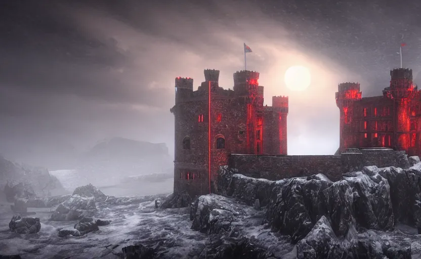 Image similar to Red Castle in Game of Thrones besides the sea in the snowstorm at night, doomy, Unreal Engine, cinematic photography, highly-detailed, games of thrones, HBO, high resolution, 8k, photorealistic, stunning volumetric lighting