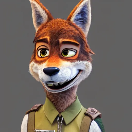 Prompt: portrait, 3 d render, anthropomorphic coyote male, wearing along brown leather jacket, in the style of zootopia