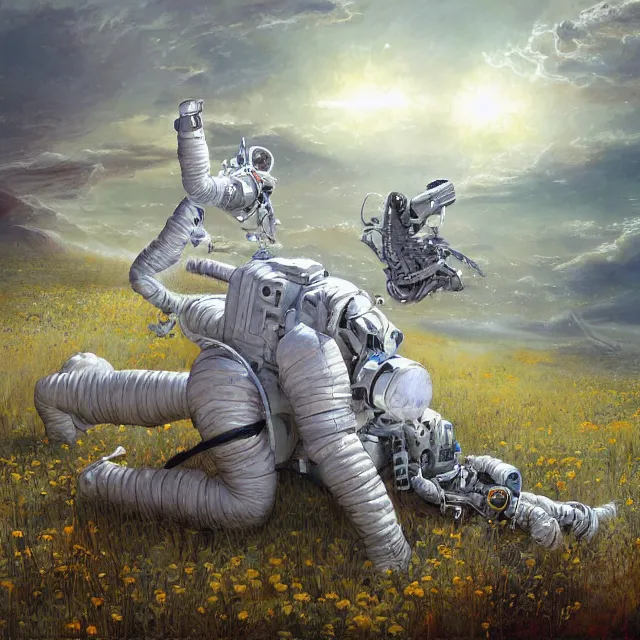 Prompt: astronaut crawling on knees, horse above astronaut, industrial sci - fi, by mandy jurgens, ernst haeckel, james jean