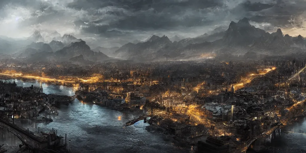 Prompt: a 4K high-definition expansive view of a pitch-black city wall beside a river, black flags on it, cascading mountains on the other side of the river, highly detailed, cinematic, realistic, concept art