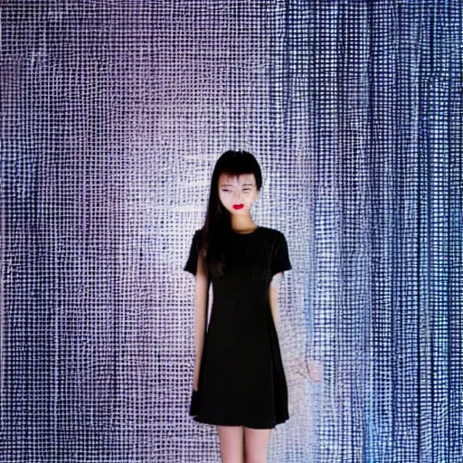 Image similar to cute vietnamese girl in semitransparent club dress, dark techno trip