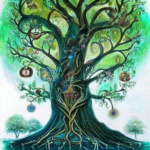 Prompt: A 100 year old ancient huge glowing tree of life, fantasy painting, lots of detail