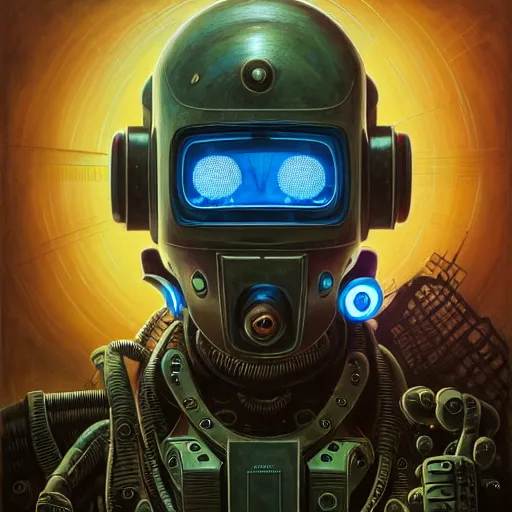 Image similar to low angle shot of a cyberpunk gazmask robot character wearing a gazmask, chernobyl, radioactiv sign, intricate, elegant, highly detailed, centered, digital painting, artstation, concept art, smooth, sharp focus, illustration, artgerm, Tomasz Alen Kopera, Peter Mohrbacher, donato giancola, Joseph Christian Leyendecker, WLOP, Boris Vallejo